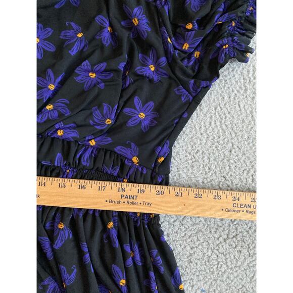 Ava & Viv Top 2X Floral V-Neck Stretch Short Sleeve Flare Blue Black Blouse - Picture 12 of 16